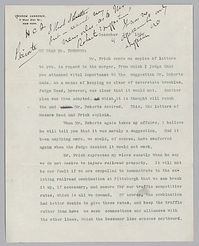 [Attached to the December 11 letter] Writing from New York [N.Y.], Carnegie sends Frick a copy of a draft letter to Mr. Thomson that addressed Mr. Thomson's concerns on the railroad merger. [Autograph Letter Signed] Carnegie tells Frick that the part conc