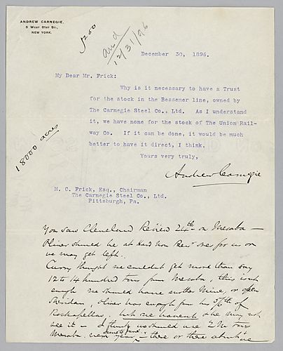Writing from New York [N.Y.], Carnegie asks Frick why it is necessary to have a trust for the Bessemer Line stock, but thinks if it is, then it should be direct. [Postscript ALS] Carnegie tells Frick of some of Curry's thoughts on the railroad