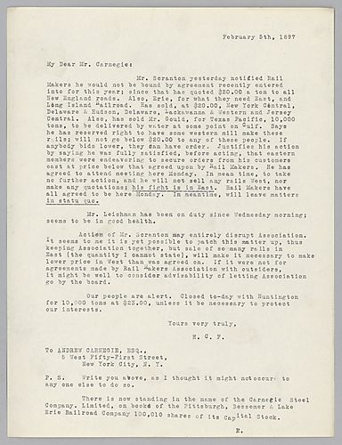 Frick writes to Carnegie on Mr. Scranton telling railmakers he's not bound to agreements this year