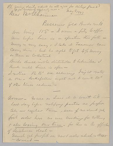 Carnegie writes on Bessemer gold bonds and armor orders