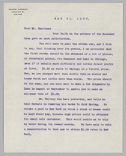 Carnegie writes from New York [N.Y.] on the Bessemer Line, stroke ore, and his visit with Mr. Whitney