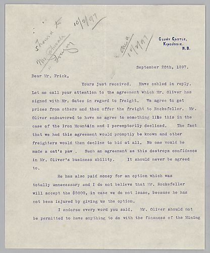 Carnegie writes from Kingussie [Scotland] on Mr. Oliver's freight agreement and cautions Frick to act slowly in his arrangements with Scranton and Illinois Steel Companies