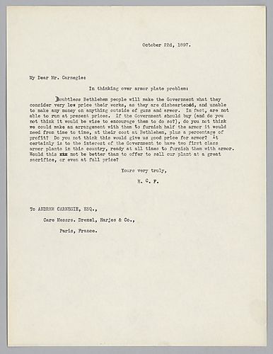 Frick writes on taking business in guns and armor from Bethlehem Steel Company