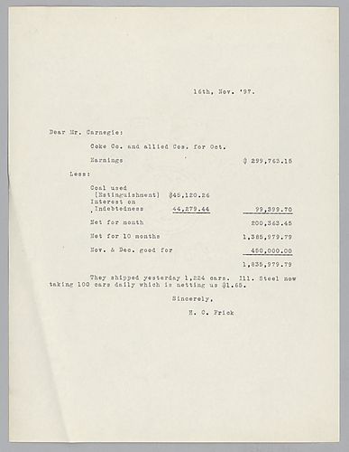 Frick writes Carnegie with the Earnings of the Frick Coke Company