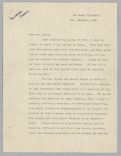 Carnegie writes from on board the "Columba" about Mellon's railroad, producing more pig iron, and coke rates. He also writes on the mixer patent payments and Schwab's proposed improvements