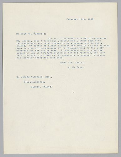 Frick writes on relieving Mr. Archer as the orchestra director and the search for a new director