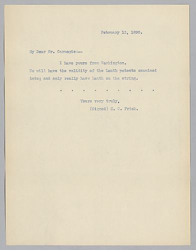 Frick writes to say that he will check the validity of the Lauth Patents