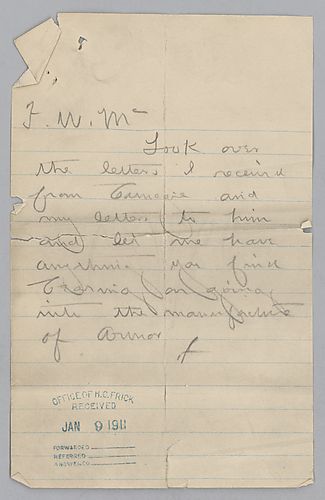 Frick writes to ask that his correspondence with Carnegie be examined for information on armor manufacturing