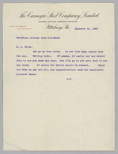 Carnegie writes from New York, [N.Y.] on meeting with Frick either in New York or Pittsburgh