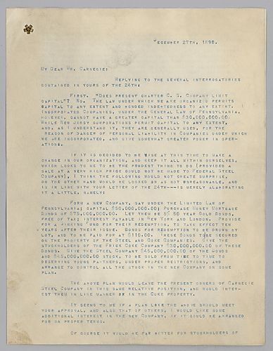 Frick writes on changing the company's organization in order to protect itself if a sale of the company was made, though he states that he is not in favor of selling the company