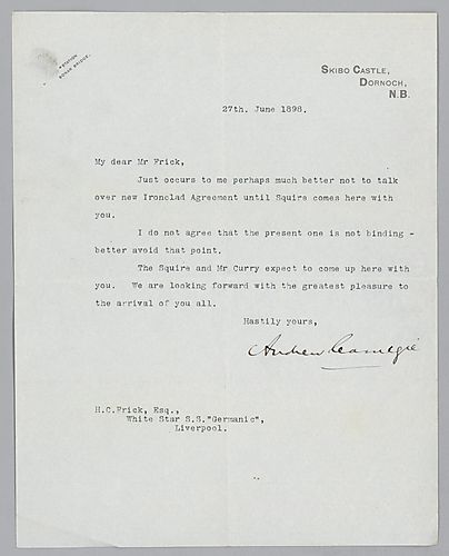 Carnegie writes from Skibo, [Scotland] on discussions for the Iron Clad