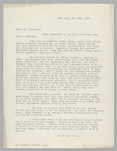 Frick writes on an offer from Gus Painter to buy the finishing mill, money made by Illinois Steel Co. in March, and the war with Spain