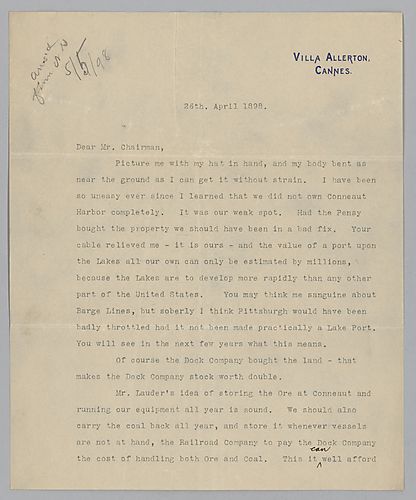 Carnegie writes from Cannes, [France] on the Conneaut Harbor situation and storing coke there