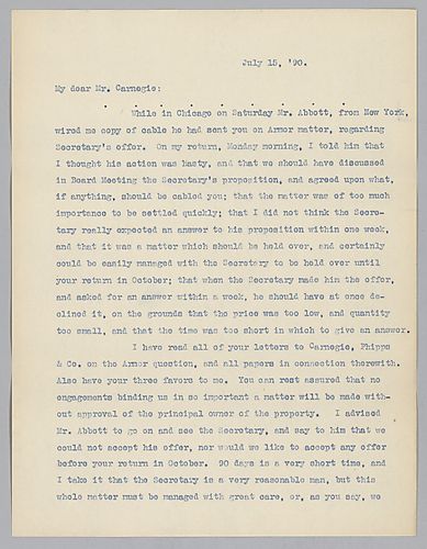 Frick writes on considering the Naval Secretary's contract and waiting until Carnegie's return to make a final decision