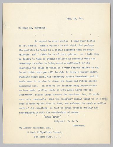 Frick writes that Secretary Tracy should be invited to Homestead and that the company should endeavor to quickly answer his concerns so that armor production can continue
