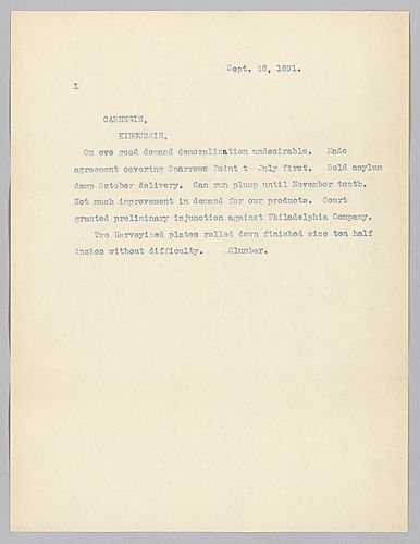 Frick writes on running full through November and the rolling of two "Harveyized" plates