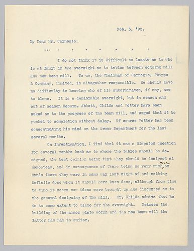 Frick writes on oversights caused by attention to the armor situation as well as the expected armor production capacity. In a post-script, Frick suggests that more armor finishing tools be placed at Homestead