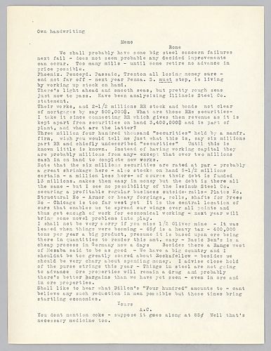 Carnegie writes from Rome, [Italy] on tough times for steel companies and asks about Dillan's 400