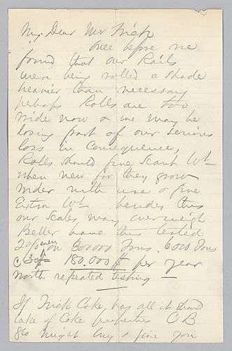 Carnegie writes on rail quality control. He also mentions putting off merging Frick Coke Company with Carnegie Brothers and Company