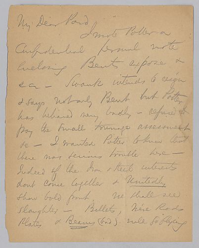 Carnegie writes on Potter's actions regarding ore and the need to handle the situation better. He also mentions approval votes by Senators Davis and Keyser