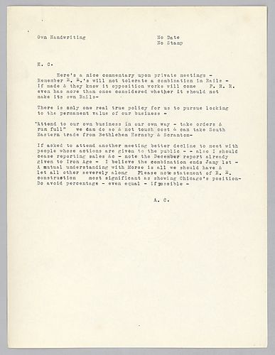 Carnegie writes to advise Frick against business deals that might threaten railroad companies into producing their own rails