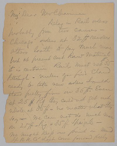 Carnegie writes on rail prices, pig iron surpluses and refraining from blowing out any furnaces