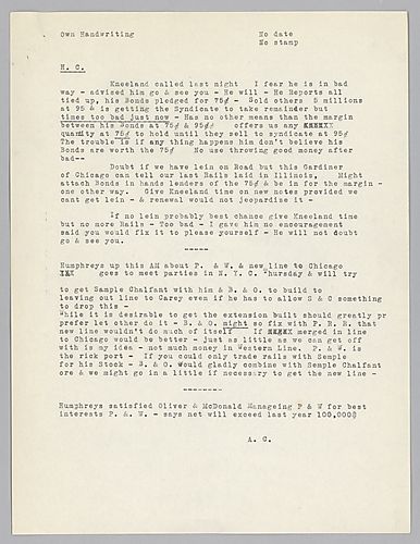 Carnegie writes on the financial troubles of Kneeland and his unfinished railroad. He goes on to discuss the railroad plans of the Pennsylvania and Western and the Baltimore and Ohio Railroad Companies