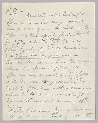 Carnegie writes on the financial troubles of Kneeland and his unfinished railroad. He goes on to discuss the railroad plans of the Pennsylvania and Western and the Baltimore and Ohio Railroad Companies