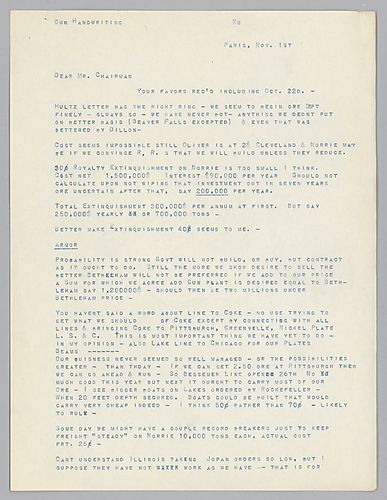 Carnegie writes from Paris on shipping rates. He mentions that the government is not interested in building or buying an armor plant. He also notes the recent opening of the Bessemer line