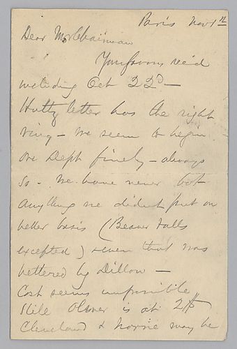 Carnegie writes from Paris on shipping rates. He mentions that the government is not interested in building or buying an armor plant. He also notes the recent opening of the Bessemer line
