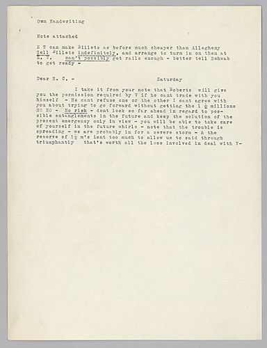 Carnegie writes that Edgar Thomson should produce billets. Carnegie goes on to write about the necessary steps to averting a fiscal crisis, including selling pig iron secretly to select "A1" buyers