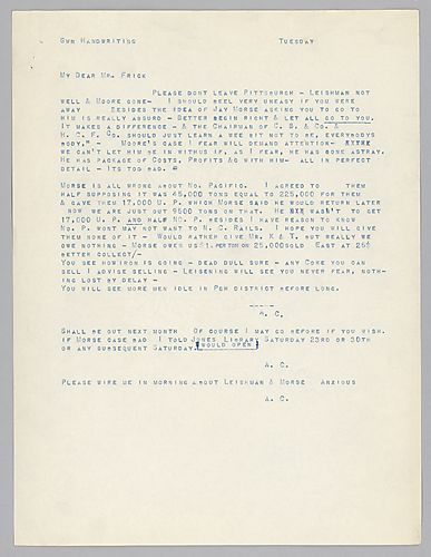 Carnegie writes on the financial troubles of Mr. Morse. In a handwritten post-script he mentions the opening of the library on September 23rd or 30th or any subsequent Saturday
