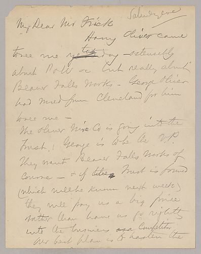 Carnegie writes about a trust from Cleveland, which desires to purchase Beaver Falls Works