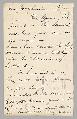 Carnegie writes on negotiations for loans with the Bank of Scotland