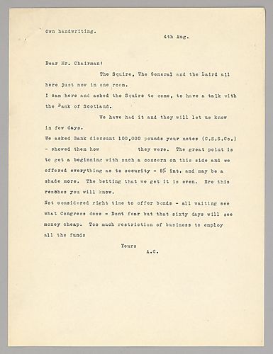 Carnegie writes on negotiations for loans with the Bank of Scotland
