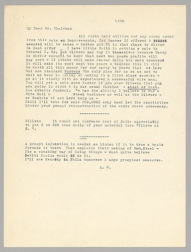 Carnegie writes on rail sales to Oliver. He evaluates Abbott's performance at Beaver Falls Works [Pa.] and discusses a small increase in billet production at Edgar Thomson. He also mentions an injunction is needed on Linden over the presence of a "basic f