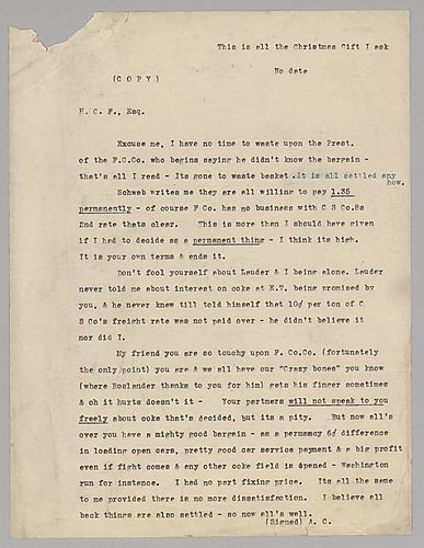 Carnegie writes on fixing coke prices at $1.35 USD per ton as if it is a completed deal. He also belittles Frick
