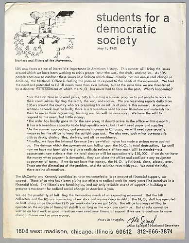 "Students for a Democratic Society" Letter