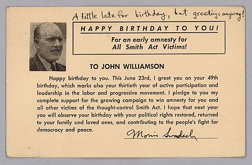 "Happy Birthday" Postcard Issued by the National Conference to Win Amnesty for Smith Act Victims