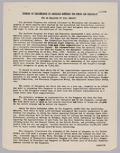 "Summary of Proceedings of American Congress for Peace and Democracy"