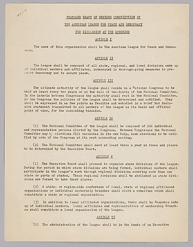 "Proposed Draft of Revised Constitution of the American League for Peace and Democracy for Discussion at the Congress"