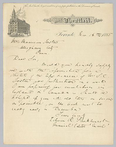 From Edwin R. Parkhurst of the Toronto Mail to Morrison Foster