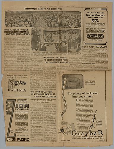 "10,000 Pay Homage to Foster in Schenley Park Celebration: Winter's Eulogizes Composer," Pittsburgh Gazette Times