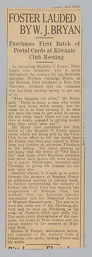"Foster lauded by W.J. Bryan: Purchases first batch of postal cards at Kiwanis club meeting"