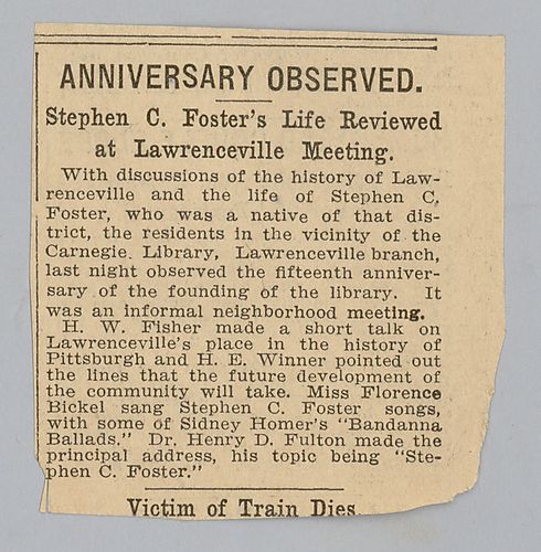 "Anniversary Observed: Stephen C. Foster's Life Reviewed at Lawrenceville Meeting"