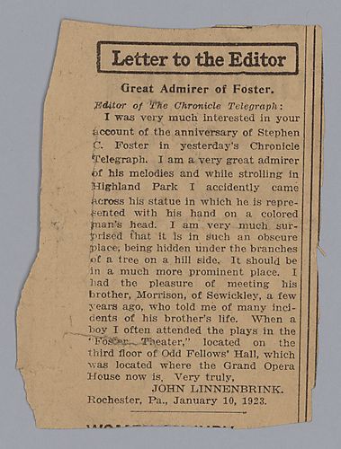 "Letter to the Editor: Great Admirer of Foster," Chronicle Telegraph