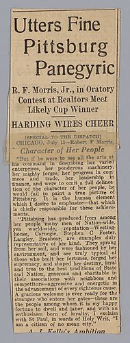 "Utters Fine Pittsburg Panegyric," Pittsburgh Dispatch
