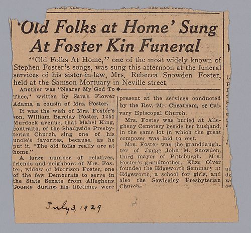 "Old Folks at Home sung at Foster Kin Funeral"