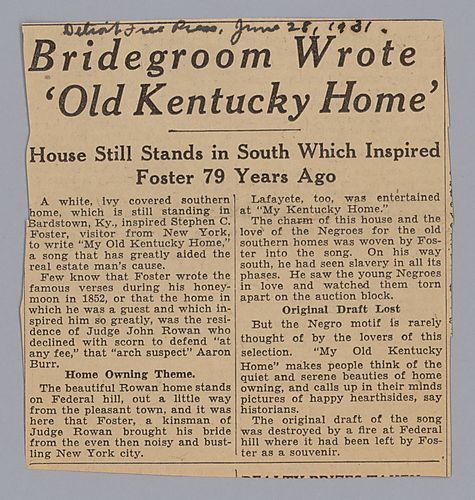 "Bridegroom Wrote Old Kentucky Home," Detroit Free Press