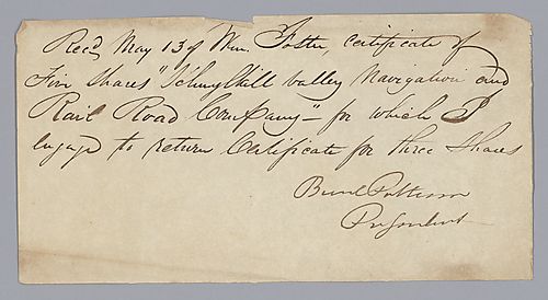 IOU from B. Patterson for railroad shares